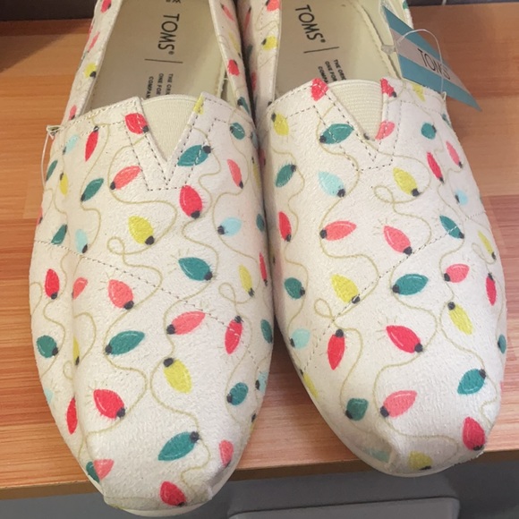 Toms Christmas Natural Tree Lights Print White/Beige Shoes size 8W - Picture 3 of 7